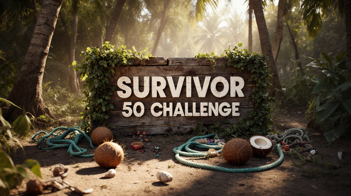 Weathered wooden Survivor 50 Challenge sign stands with vines climbing and adventure items scattered below