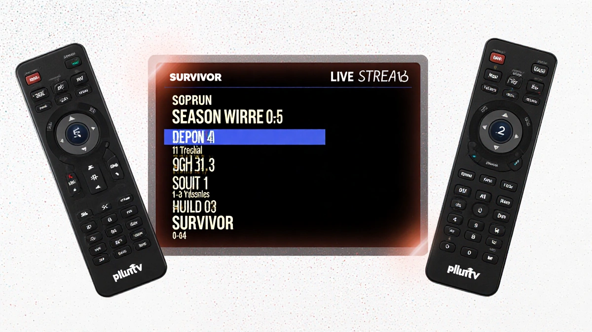 Two glowing TV remotes flank a screen scrolling Survivor seasons 1-49 with Pluto TV branding and static texture
