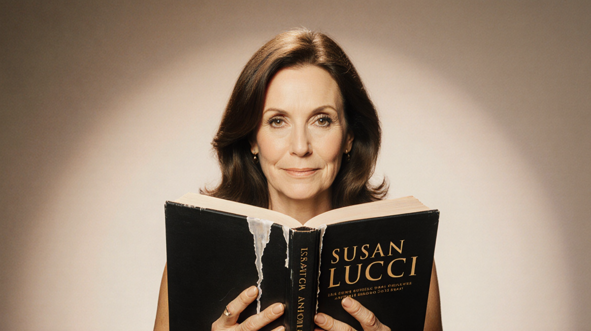 Susan Lucci cradling an open memoir book titled La Lucci with warm light and gentle tears of love.