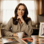 Susan Lucci sits at kitchen table with vintage All My Children memorabilia and coffee while natural light illuminates her tho
