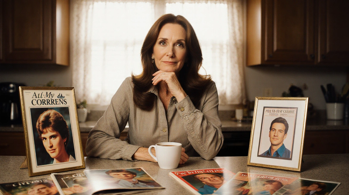 Susan Lucci sits at kitchen table with vintage All My Children memorabilia and coffee while natural light illuminates her tho