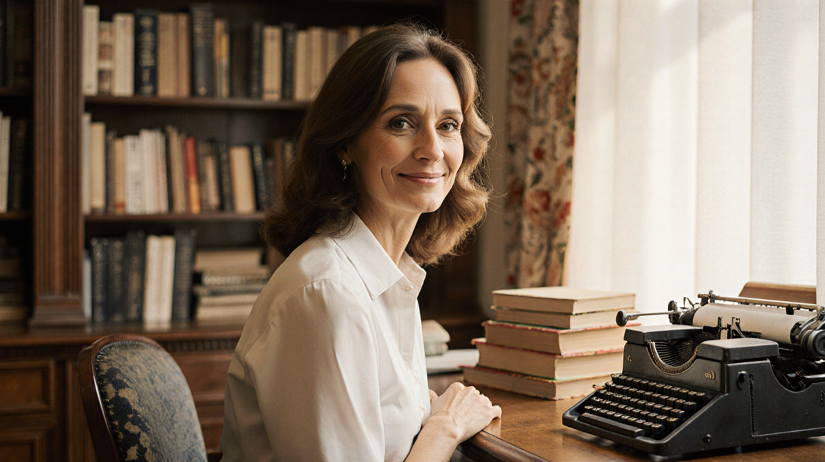 Susan Lucci sits at a wooden desk with a vintage typewriter and books in a sunlit study while looking directly at the viewer