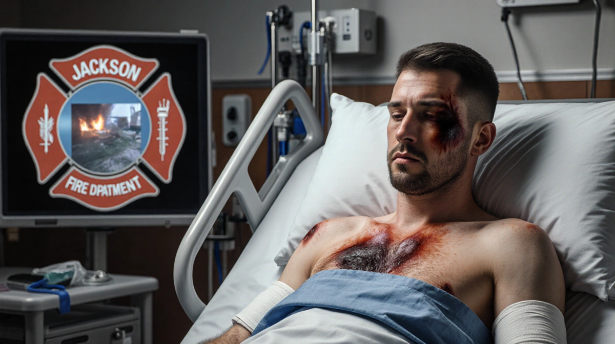 Suspect receiving burn treatment at hospital with bandages and Jackson Fire Department logo visible