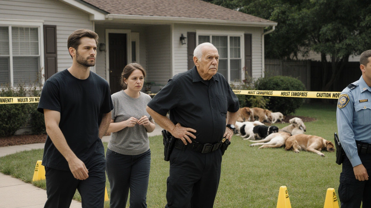 Police arresting man and woman with older adult standing defiantly near house with crime scene tape