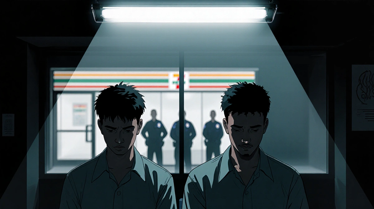 Two suspects sit with heads down in dim interrogation room with flickering light and blurred 7-Eleven visible through window