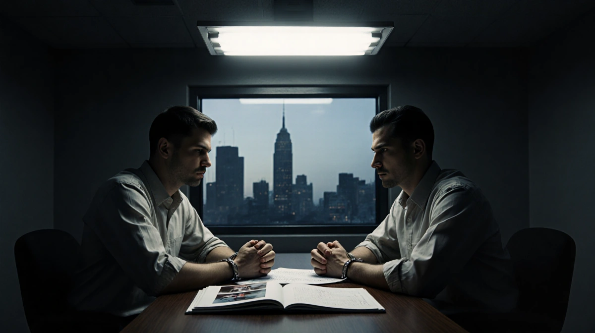 Two suspects sit handcuffed to interrogation table with detective's notebook open showing robbery investigation notes