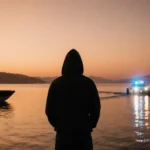 Hooded figure stands at Lake Balboa waterfront with police boat spotlight scanning water and speedboat silhouette on horizon
