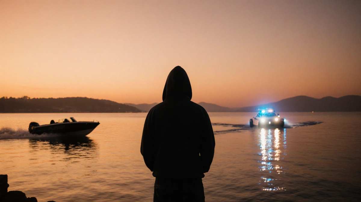 Hooded figure stands at Lake Balboa waterfront with police boat spotlight scanning water and speedboat silhouette on horizon