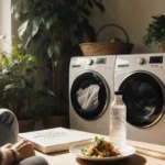 Person sits reading minimalism book with eco-friendly laundry and lush greenery
