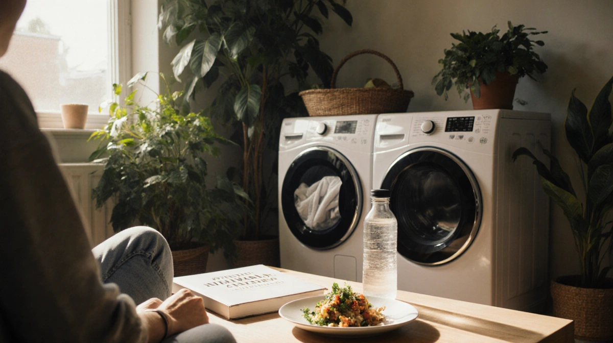 Person sits reading minimalism book with eco-friendly laundry and lush greenery