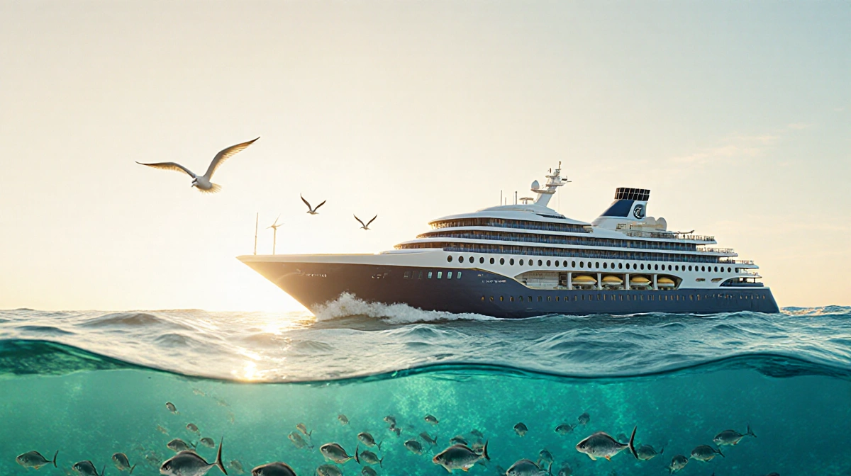 Eco-friendly cruise ship sailing through clear blue waters with solar panels and wind turbines integrated into its futuristic