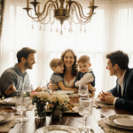 Sutton cradles her children with warm light and fine china at a family dinner table.