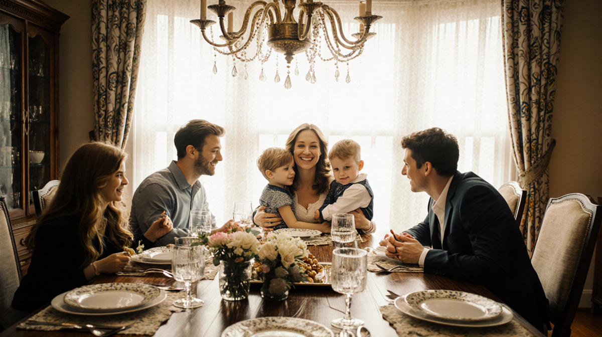 Sutton cradles her children with warm light and fine china at a family dinner table.