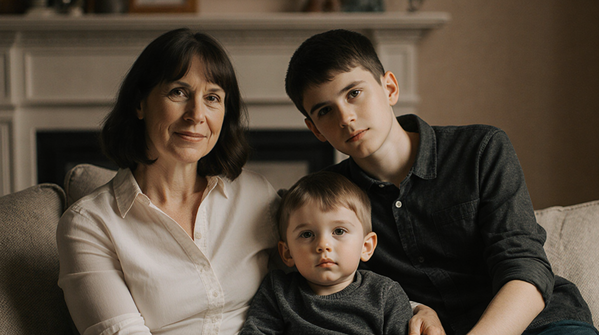 Sutton Stracke sits with sons James and Philip near her Philip looks direct at camera and James leans toward family portrait.