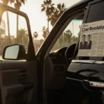 Sleek SUV parked near palm trees with open door showing case resolution notice and Lakers arena in background