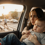 Distracted mother clutching toddler with legs dangling out of SUV window amid golden hour glow