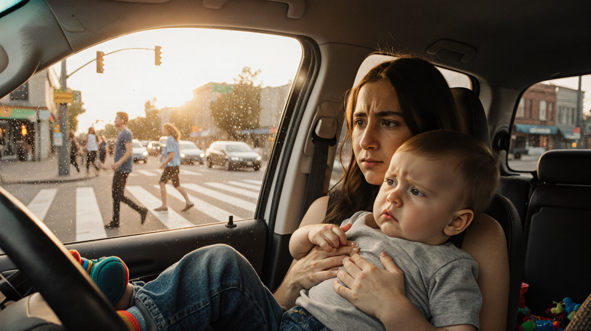 Distracted mother clutching toddler with legs dangling out of SUV window amid golden hour glow