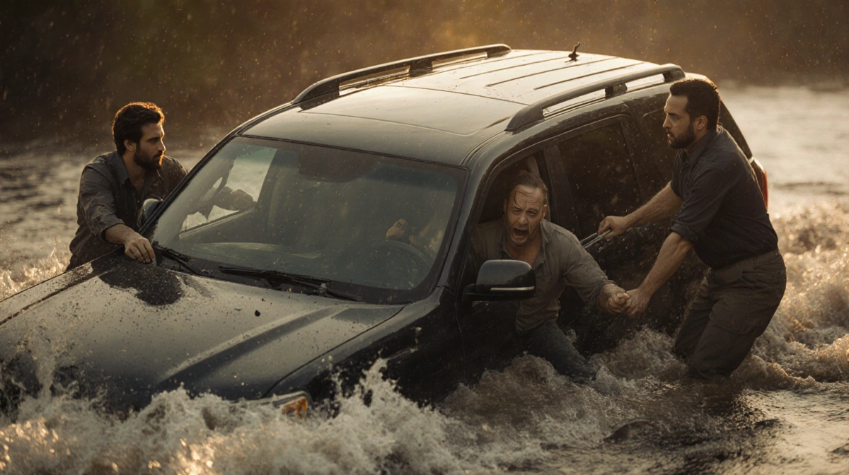 Two bystanders lifting a sinking SUV with a trapped driver golden light highlighting the heroic rescue.