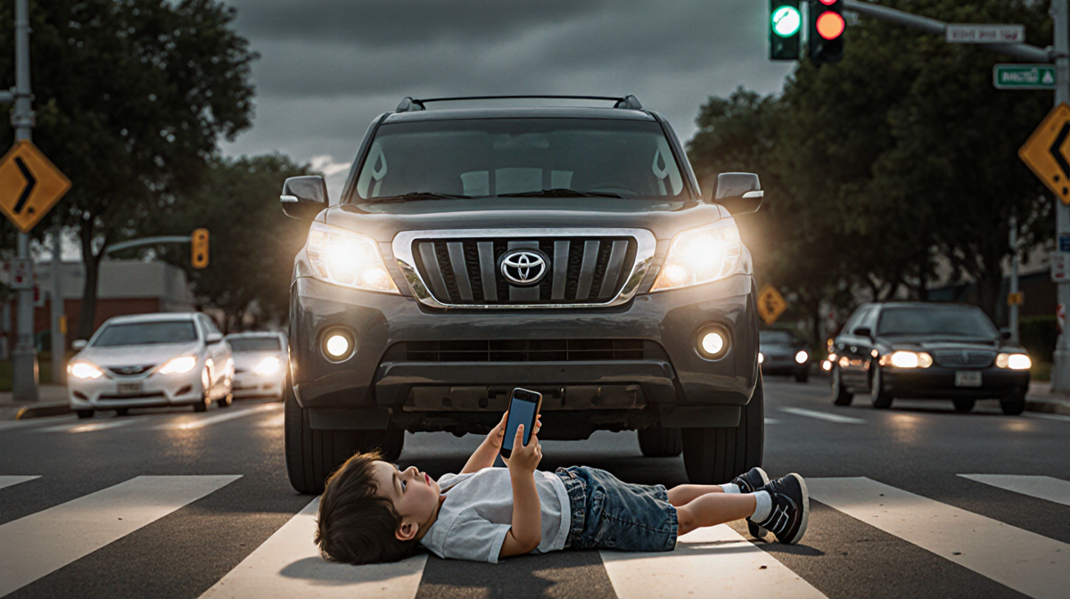 SUV stopping at intersection with toddler lying on ground holding belongings and driver holding witness phone