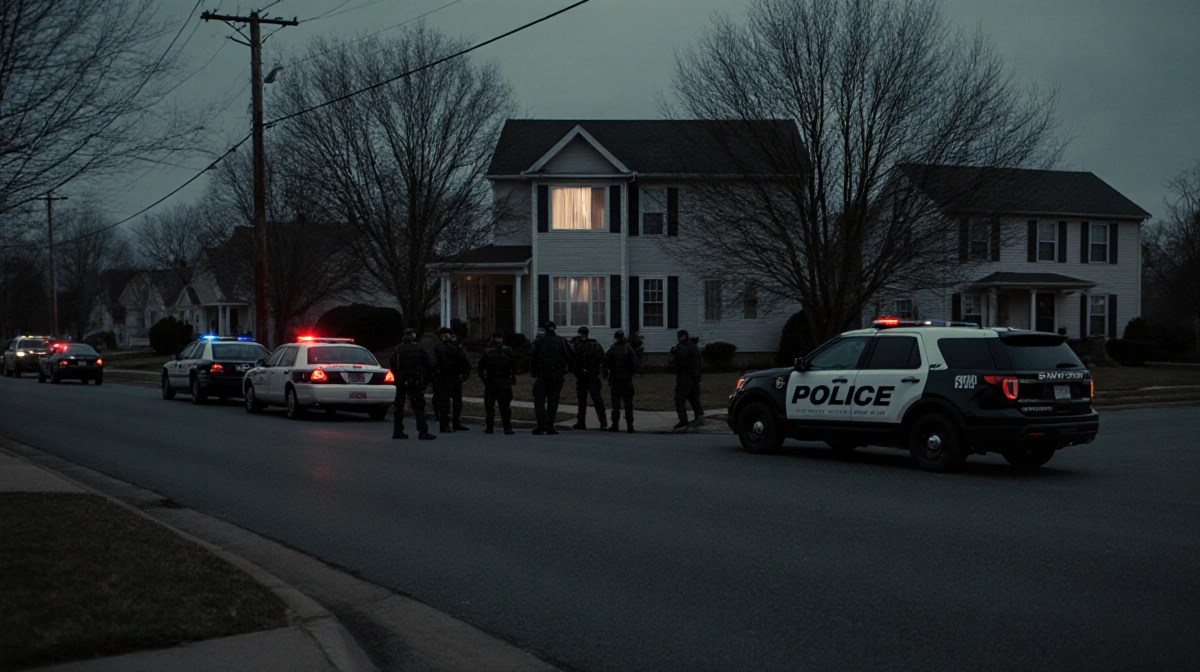 SWAT team surrounding suburban house with police cars and flashing lights