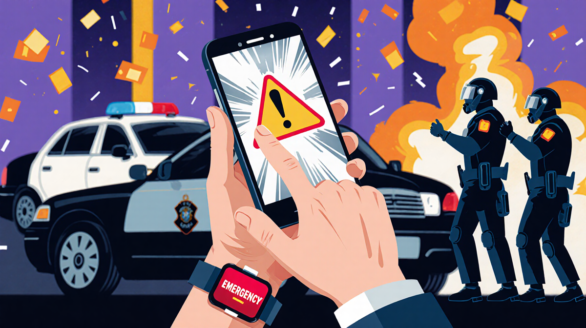 Person shaking while swatting phone shows emergency alert with flashing red wristwatch light and police cars in background