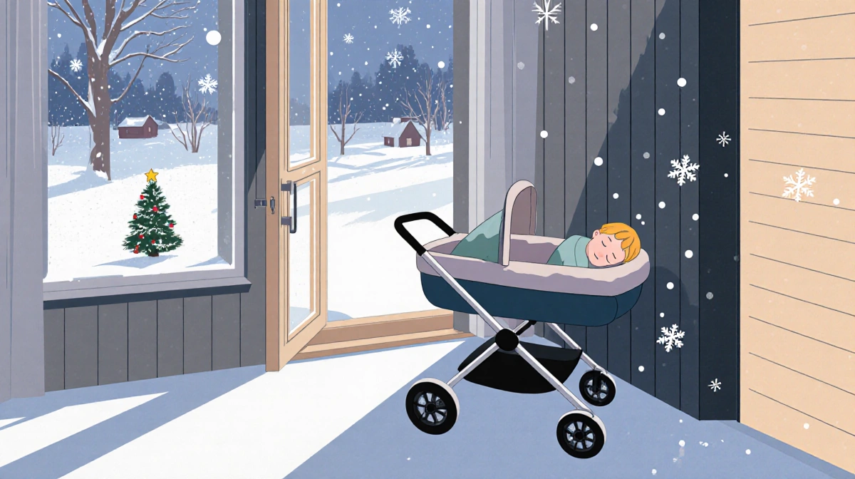Baby sleeping peacefully in pram with snowflakes falling and Christmas tree visible through window