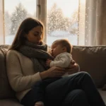 Mother rocking sleeping toddler on couch with snow-covered windows and golden winter light