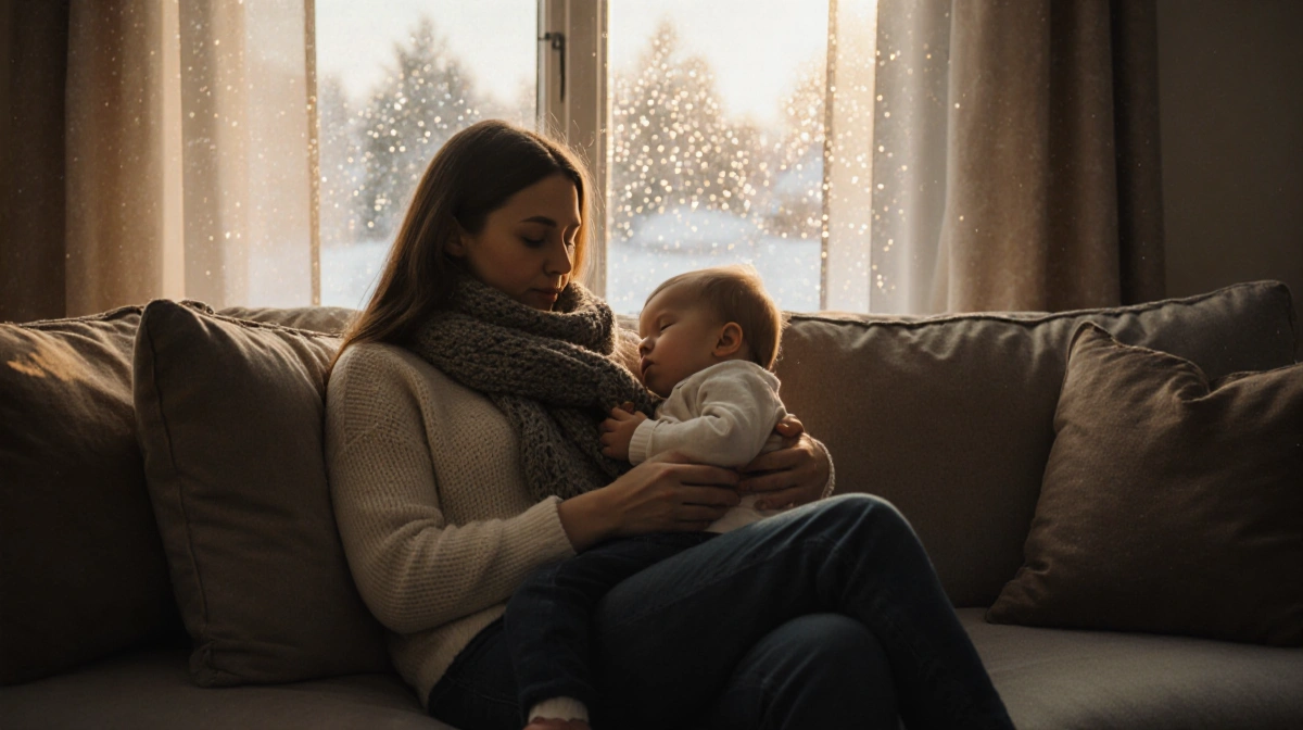 Mother rocking sleeping toddler on couch with snow-covered windows and golden winter light