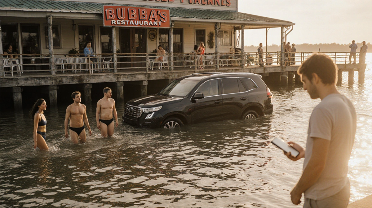 Four swimweared people wading into shallow water behind Bubba's Restaurant with a partially submerged SUV and dock watchers.