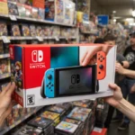 Excited shoppers grabbing Nintendo Switch 2 Mario Kart Bundle with bright red blue packaging and blurred hands reaching in bu