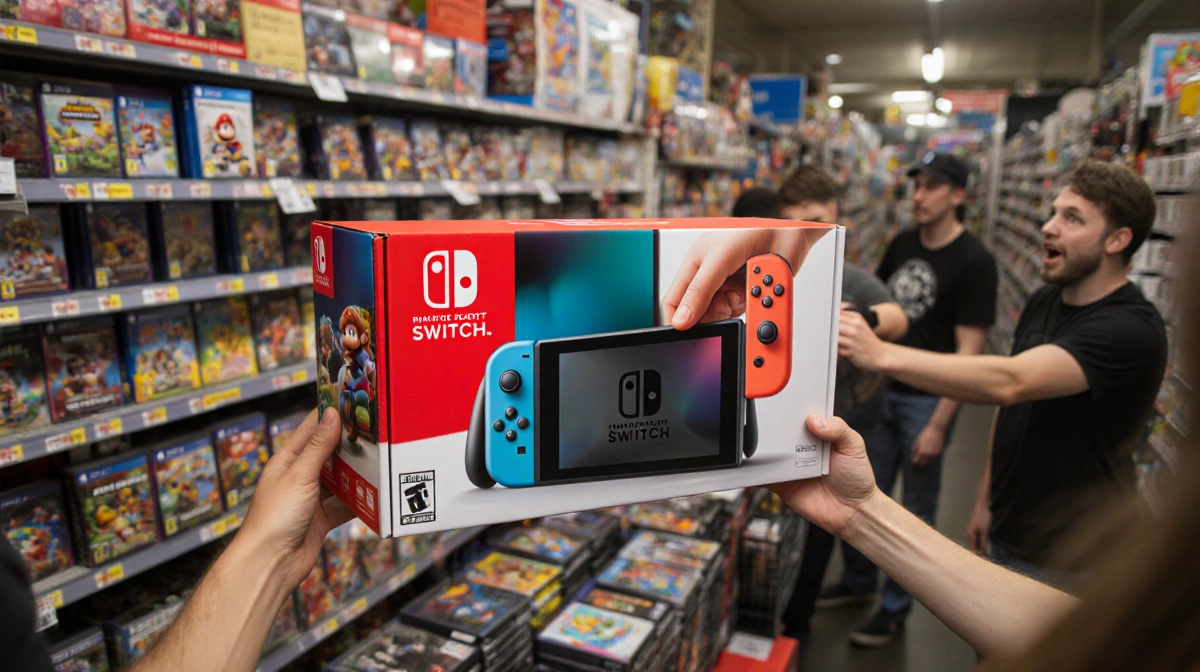 Excited shoppers grabbing Nintendo Switch 2 Mario Kart Bundle with bright red blue packaging and blurred hands reaching in bu