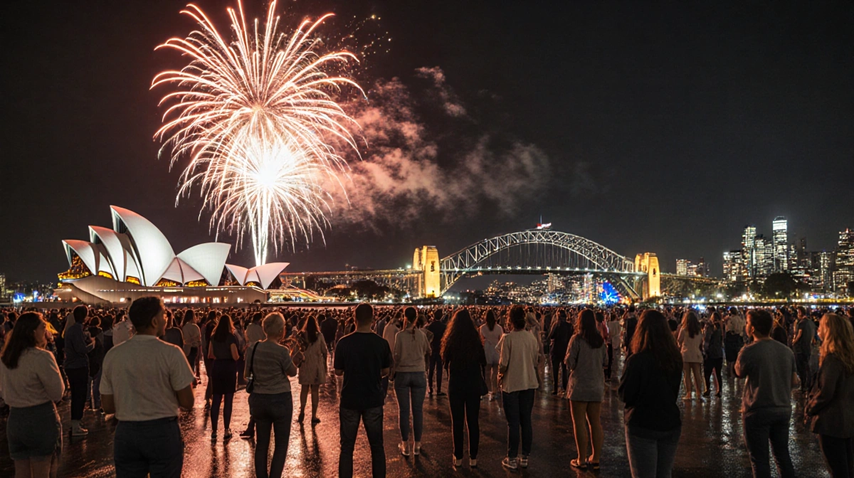 Crowd celebrates under fireworks with Sydney Opera House and Harbour Bridge shining behind them