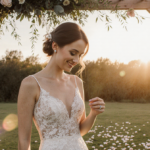 Sydney Gordon in a wedding dress gazing at her diamond ring with sunset light filtering through arch and petals at her feet