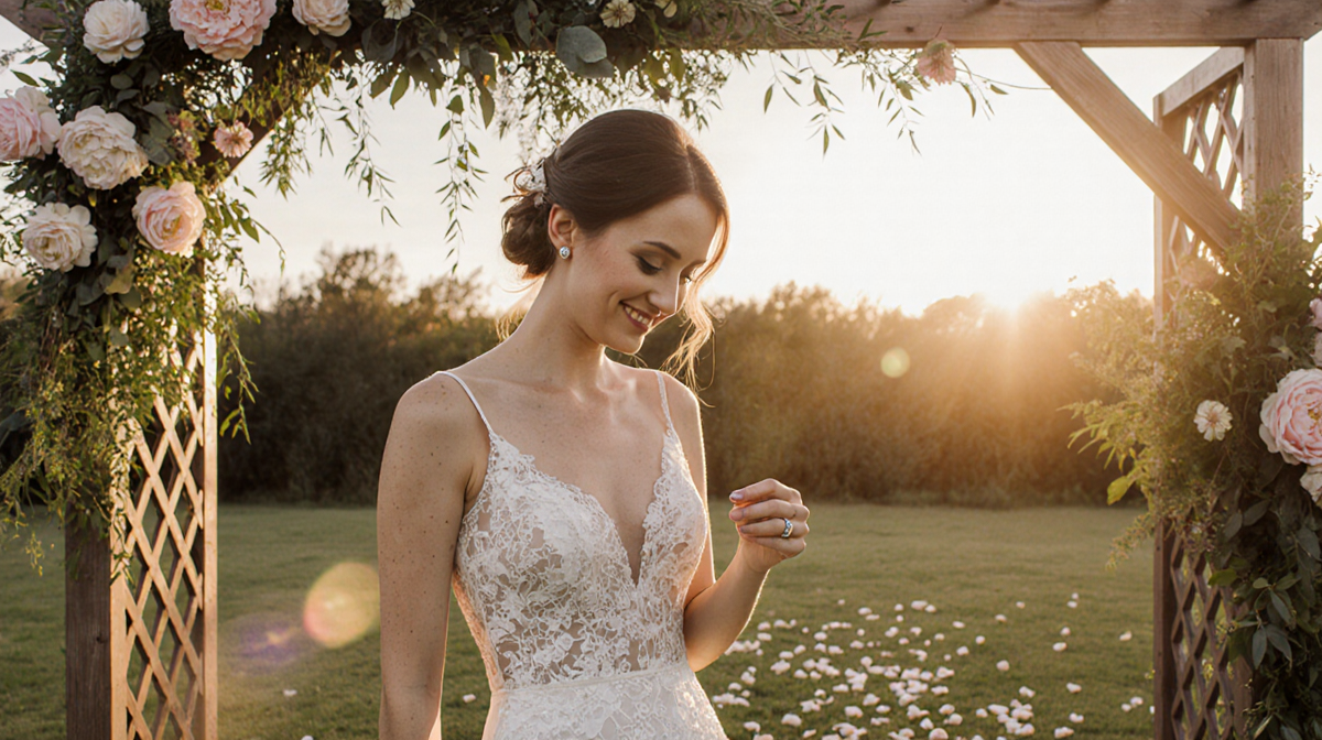 Sydney Gordon in a wedding dress gazing at her diamond ring with sunset light filtering through arch and petals at her feet