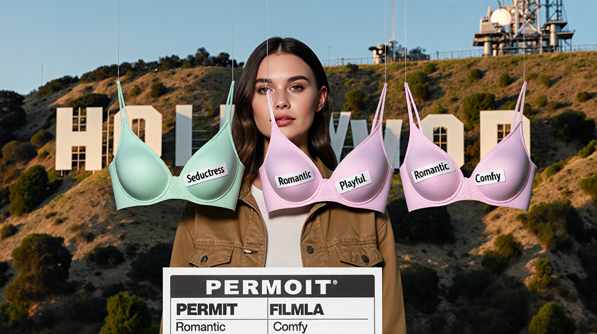 Sydney Sweeney standing in front of blurred Hollywood sign with four bras hanging with Syrn labels and FilmLA permit on groun