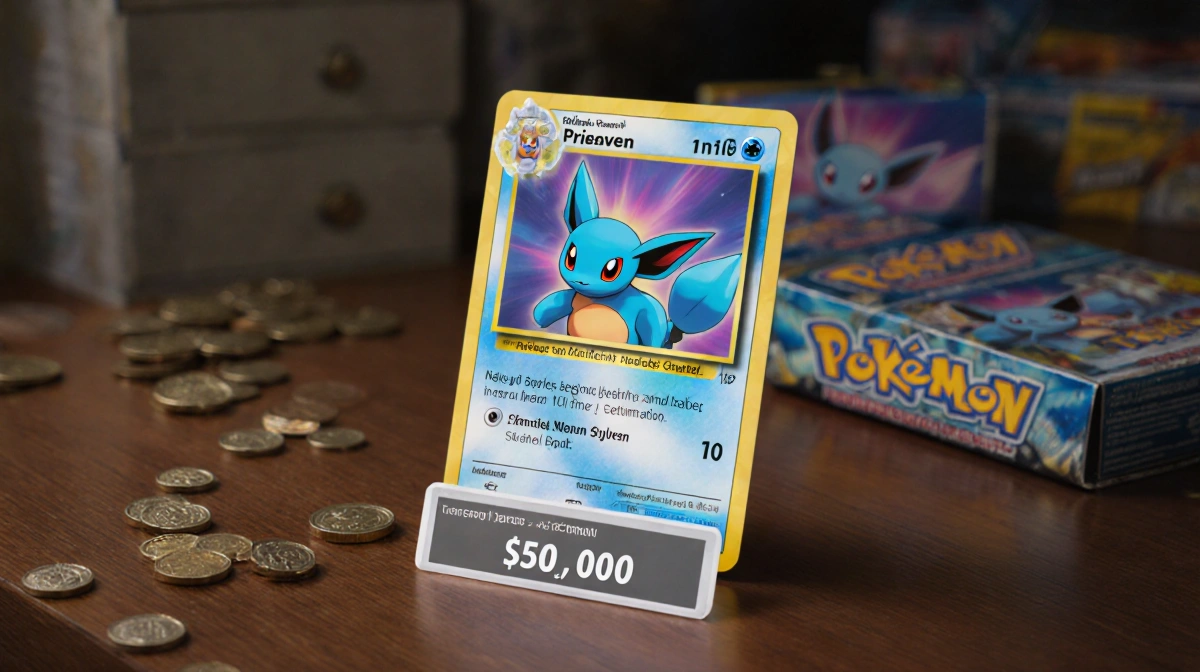 Gem-mint Prismatic Sylveon Pokemon card resting on wooden table with $3000 price display and scattered coins nearby
