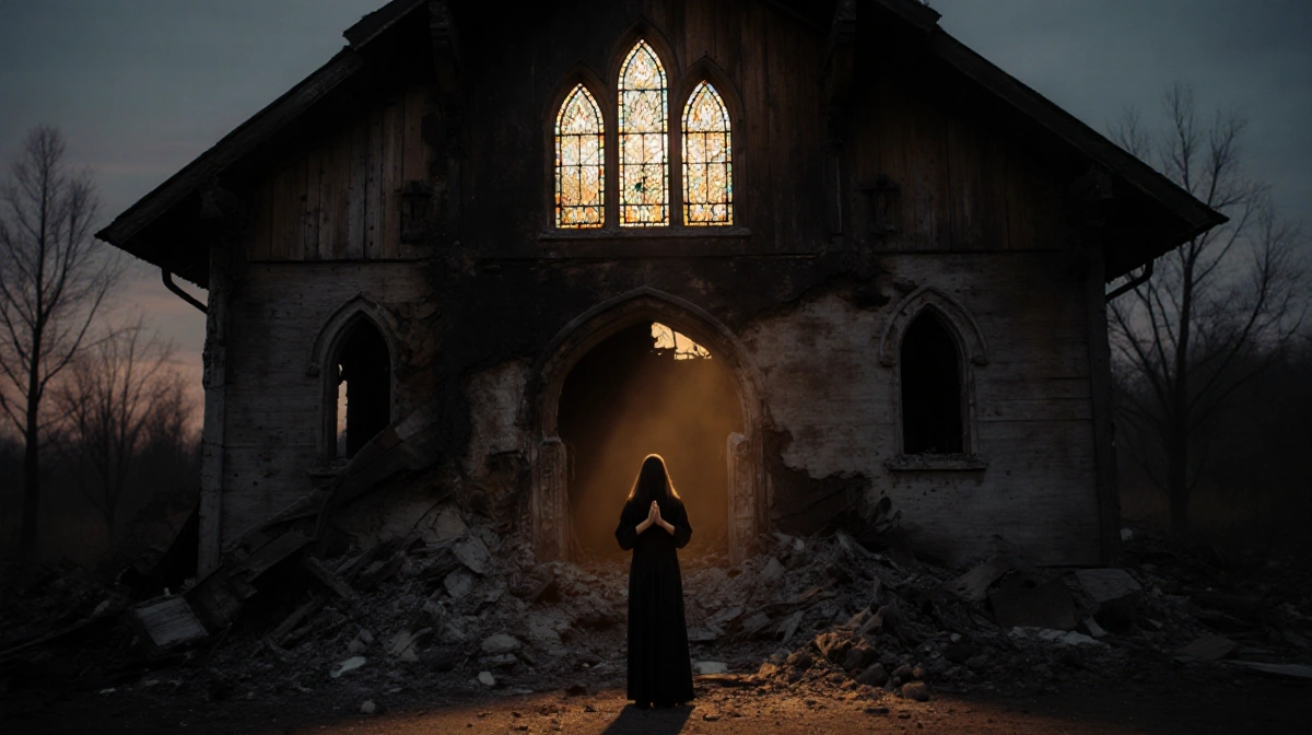 Person stands with clasped hands before ruined synagogue with shattered stained glass glowing at dusk
