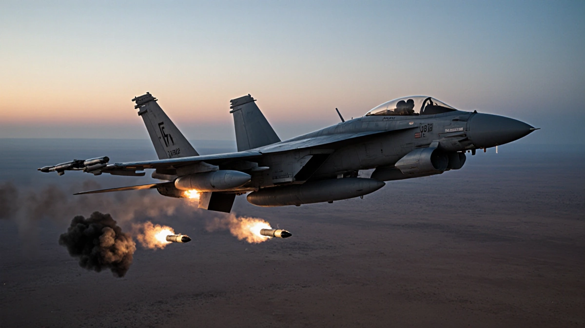 Military jet dropping bombs over Syrian desert with afterburners blazing and smoke rising from impact zone