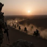 US soldier watches Al Qaeda fighters flee on motorcycles with desert sunset and distant artillery fire
