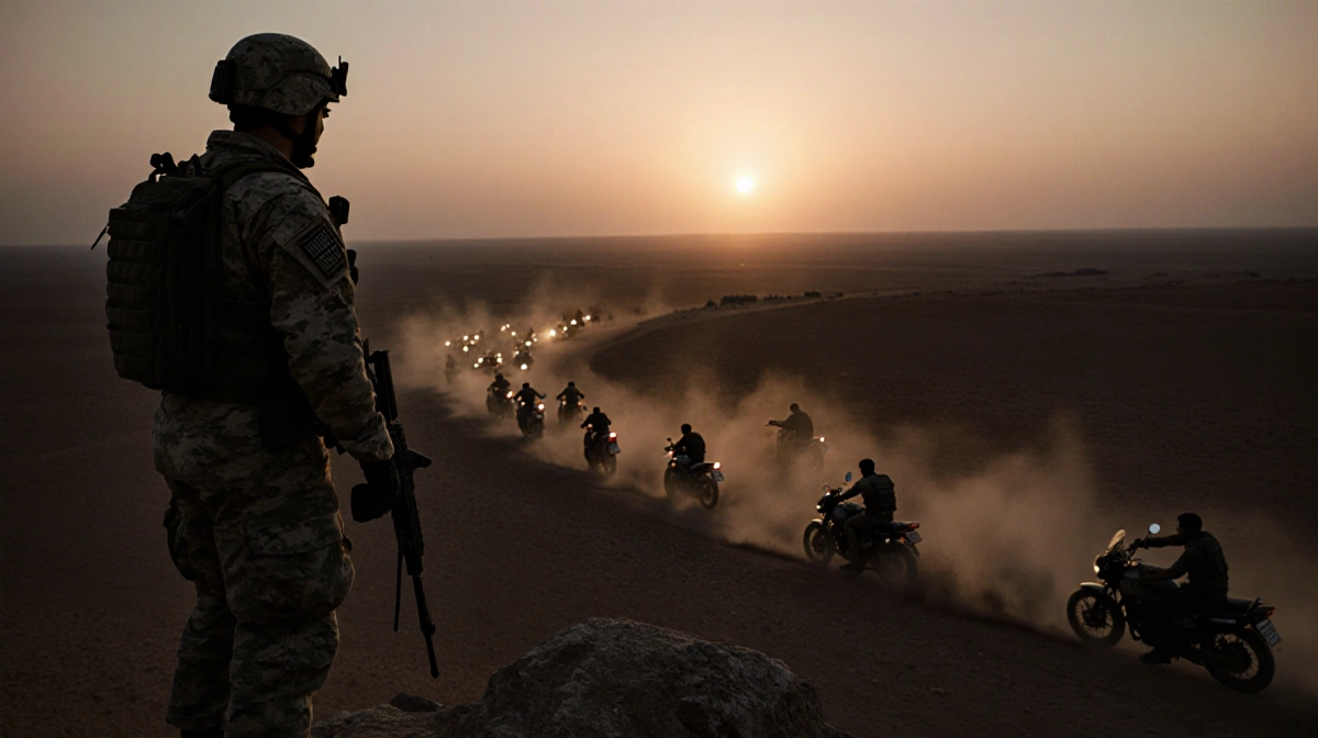 US soldier watches Al Qaeda fighters flee on motorcycles with desert sunset and distant artillery fire
