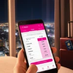 Person checking T-Mobile plan comparison on phone with suitcase and passport nearby