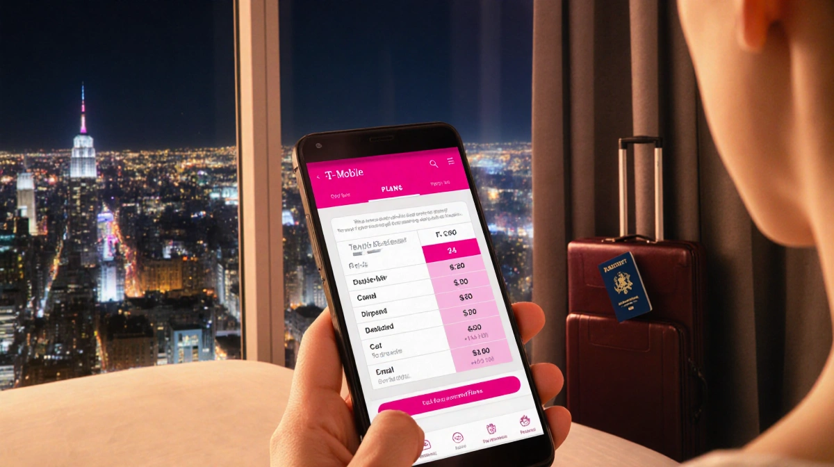 Person checking T-Mobile plan comparison on phone with suitcase and passport nearby
