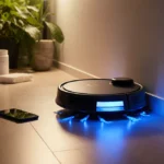 T80 Omni robot vacuum rests against living room wall with glowing blue lights and smartphone showing smart home control
