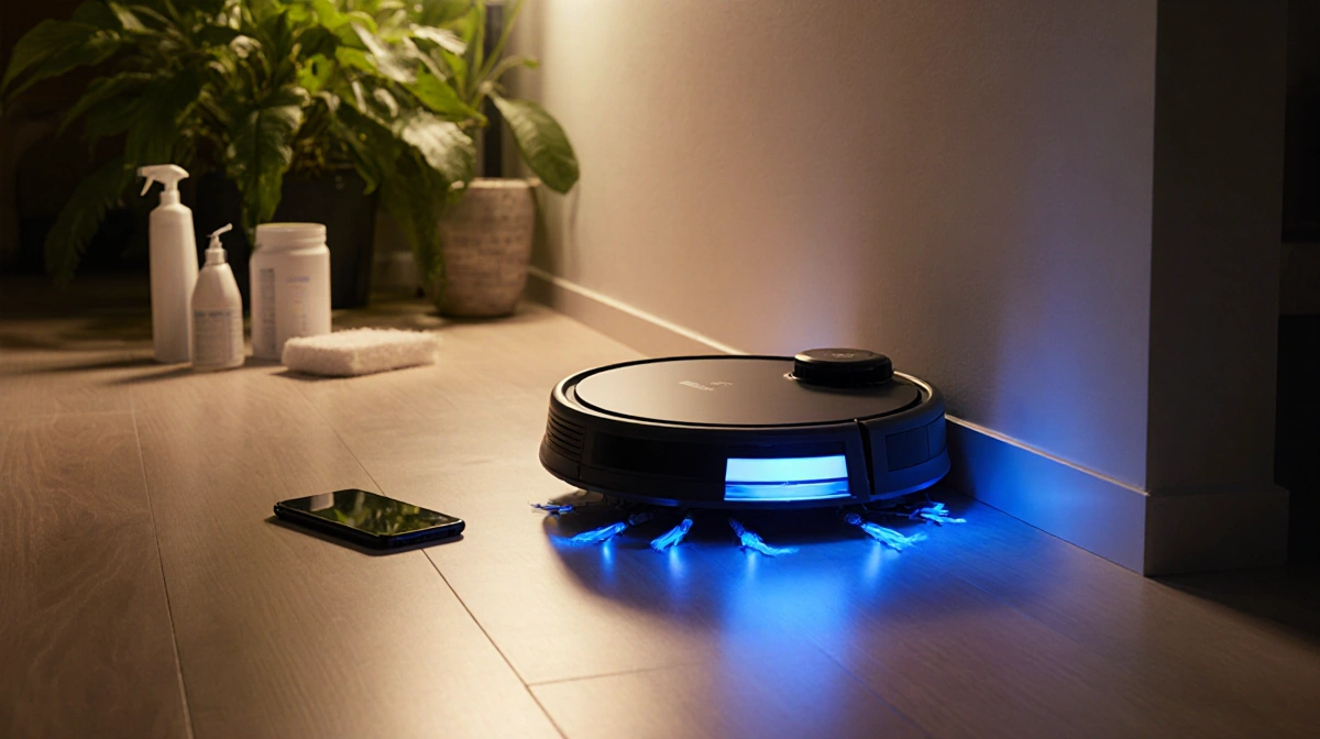 T80 Omni robot vacuum rests against living room wall with glowing blue lights and smartphone showing smart home control
