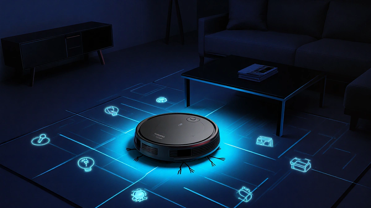 T80 Omni robot vacuum gliding under coffee table with blue lidar glow and smart home icons lighting nearby