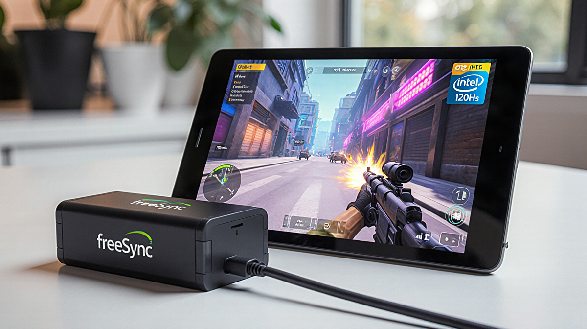 Tablet displaying vibrant gaming scene with charging cable and battery pack nearby