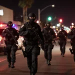 Tactical team rushing toward Parkwest Bicycle Casino entrance with emergency lights flashing and police vehicles parked nearb