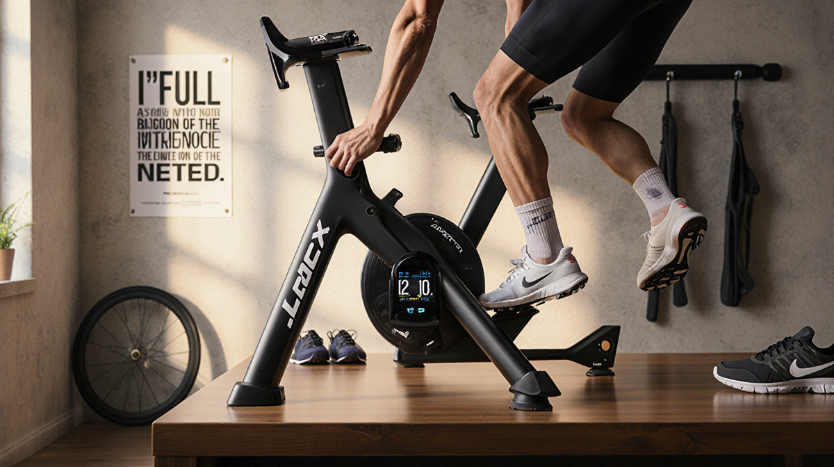 Tacx Neo 2T Smart Trainer gleams with warm lighting and motivational posters in a modern home gym.