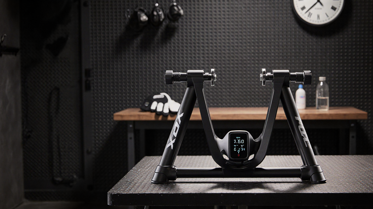 Tacx Neo 2T Smart Trainer powering a home gym session with glowing LED display and subtle ambient lighting