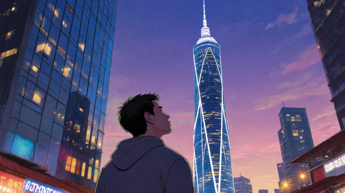 Alex Honnold stands determined before Taipei 101 skyscraper with its iconic Y-shaped silhouette and glowing night market ligh